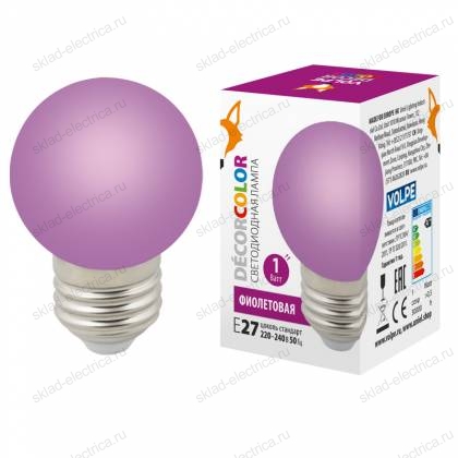 LED-G45-1W/PURPLE/E27/FR/С Лампа декоративная светодиодная. Форма "шар", матовая. Цвет фиолетовый. Картон. ТМ Volpe.