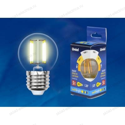LED-G45-5W/WW/E27/CL/MB GLM10TR Лампа светодиодная. Форма «шар», прозрачная. Серия Multibright. Теплый белый свет (3000K). 100-50-10. Картон. ТМ Uniel.