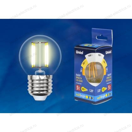 LED-G45-5W/WW/E27/CL/MB GLM10TR Лампа светодиодная. Форма «шар», прозрачная. Серия Multibright. Теплый белый свет (3000K). 100-50-10. Картон. ТМ Uniel.