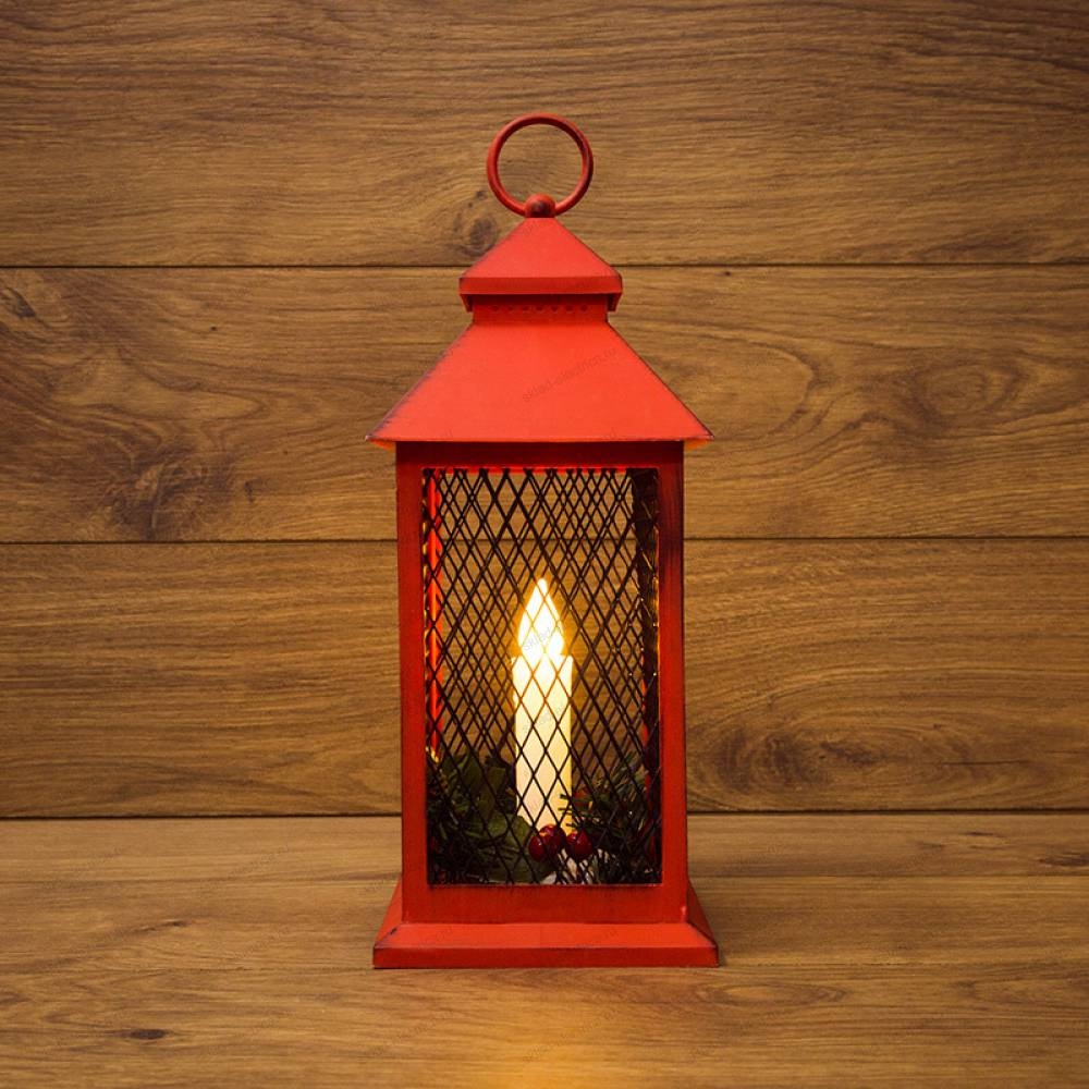 Декоративный фонарь со свечкой, красный корпус, размер 13.5х13.5х30,5 см, цвет ТЕПЛЫЙ БЕЛЫЙ NEON-NIGHT