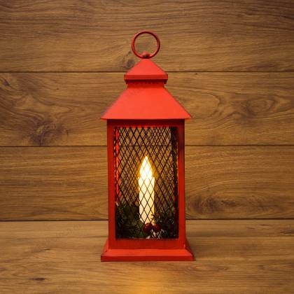 Декоративный фонарь со свечкой, красный корпус, размер 13.5х13.5х30,5 см, цвет ТЕПЛЫЙ БЕЛЫЙ NEON-NIGHT