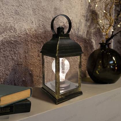 Декоративный фонарь с лампочкой, бронзовый корпус, размер 10.5х10.5х22,5 см, цвет ТЕПЛЫЙ БЕЛЫЙ NEON-NIGHT