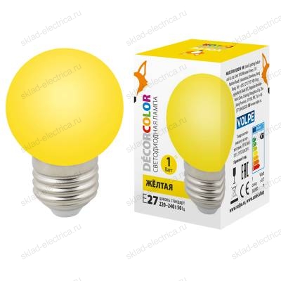 LED-G45-1W/YELLOW/E27/FR/С Лампа декоративная светодиодная. Форма "шар", матовая. Цвет желтый. Картон. ТМ Volpe.