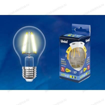LED-A60-7W/WW/E27/CL/MB GLM10TR Лампа светодиодная. Форма «А», прозрачная. Серия Multibright. Теплый белый свет (3000K). 100-50-10. Картон. ТМ Uniel.