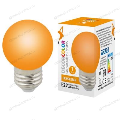 LED-G45-1W/ORANGE/E27/FR/С Лампа декоративная светодиодная. Форма "шар", матовая. Цвет оранжевый. Картон. ТМ Volpe.