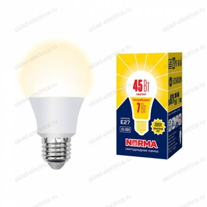 LED-A60-7W/3000K/E27/FR/NR Лампа светодиодная. Форма "A", матовая. Серия Norma. Теплый белый свет (3000K). Картон. ТМ Volpe