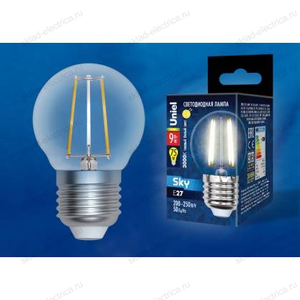 LED-G45-9W/3000K/E27/CL PLS02WH Лампа светодиодная. Форма "шар", прозрачная. Серия Sky. Теплый белый свет (3000К). Картон. ТМ Uniel.