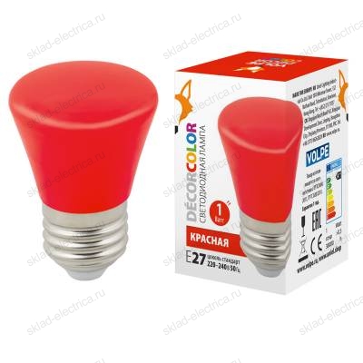 LED-D45-1W/RED/E27/FR/С BELL Лампа декоративная светодиодная. Форма "Колокольчик", матовая. Цвет красный. Картон. ТМ Volpe.