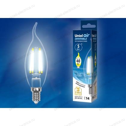 LED-CW35-5W/NW/E14/CL/DIM GLA01TR Лампа светодиодная диммируемая. Форма "свеча на ветру", прозрачная. Серия Air. Белый свет (4000K). Картон. ТМ Uniel
