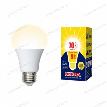 LED-A60-9W/3000K/E27/FR/NR Лампа светодиодная. Форма "A", матовая. Серия Norma. Теплый белый свет (3000K). Картон. ТМ Volpe