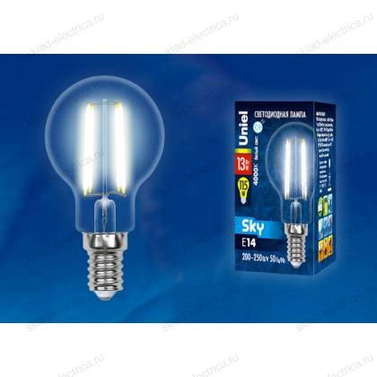 LED-G45-13W/4000K/E14/CL PLS02WH Лампа светодиодная. Форма "шар", прозрачная. Серия Sky. Белый свет (4000К). Картон. ТМ Uniel.