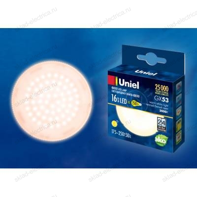 LED-GX53-16W/WW/GX53/FR PLZ01WH Лампа светодиодная, матовая. Теплый белый свет (3000K). Картон. ТМ Uniel
