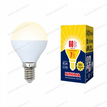 LED-G45-7W/WW/E14/FR/NR Лампа светодиодная. Форма "шар", матовая. Серия Norma. Теплый белый свет (3000K). Картон. ТМ Volpe