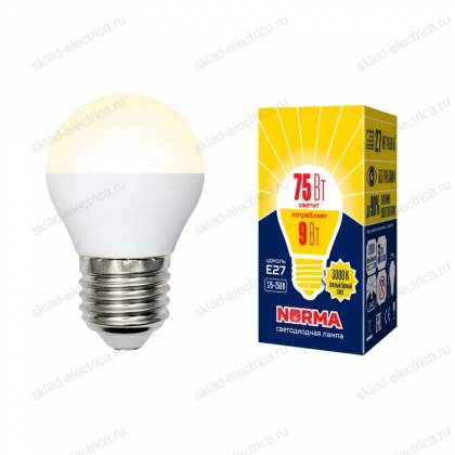 LED-G45-9W/WW/E27/FR/NR Лампа светодиодная. Форма "шар", матовая. Серия Norma. Теплый белый свет (3000K). Картон. ТМ Volpe