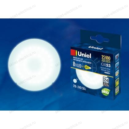 LED-GX53-8W/NW/GX53/FR PLZ01WH Лампа светодиодная, матовая. Белый свет. Картон. ТМ Uniel.