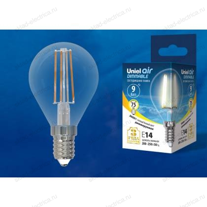 LED-G45-9W/3000K/E14/CL/DIM GLA01TR Лампа светодиодная диммируемая. Форма "шар", прозрачная. Серия Air. Теплый белый свет (3000K). Картон. ТМ Uniel.