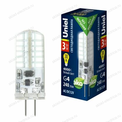 LED-JC-12/3W/4000K/G4/CL SIZ05TR Лампа светодиодная с силиконовым покрытием. Белый свет (4000К). Картон. ТМ Uniel