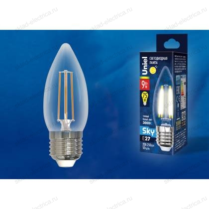 LED-C35-9W/3000K/E27/CL PLS02WH Лампа светодиодная. Форма "свеча", прозрачная. Серия Sky. Теплый белый свет (3000К). Картон. ТМ Uniel.