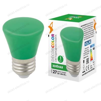 LED-D45-1W/GREEN/E27/FR/С BELL Лампа декоративная светодиодная. Форма "Колокольчик", матовая. Цвет зеленый. Картон. ТМ Volpe.