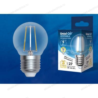 LED-G45-9W/4000K/E27/CL/DIM GLA01TR Лампа светодиодная диммируемая. Форма "шар", прозрачная. Серия Air. Белый свет (4000K). Картон. ТМ Uniel.