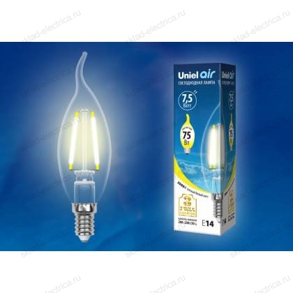 LED-CW35-7,5W/WW/E14/CL GLA01TR Лампа светодиодная. Форма "свеча на ветру", прозрачная. Серия Air. Теплый белый свет (3000K). Картон. ТМ Uniel