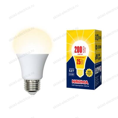 LED-A70-25W/3000K/E27/FR/NR Лампа светодиодная. Форма "A", матовая. Серия Norma. Теплый белый свет (3000K). Картон. ТМ Volpe