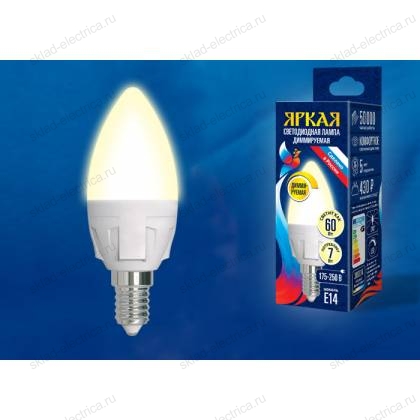 LED-C37 7W/3000K/E14/FR/DIM PLP01WH Лампа светодиодная, диммируемая. Форма «свеча», матовая. Серия Яркая. Теплый белый свет (3000K). Картон. ТМ Uniel.