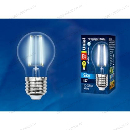 LED-G45-13W/4000K/E27/CL PLS02WH Лампа светодиодная. Форма "шар", прозрачная. Серия Sky. Белый свет (4000К). Картон. ТМ Uniel.