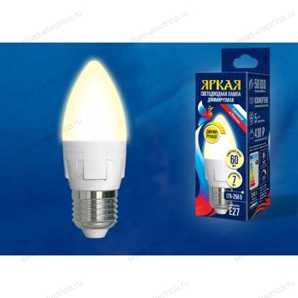 LED-C37 7W/3000K/E27/FR/DIM PLP01WH Лампа светодиодная, диммируемая. Форма «свеча», матовая. Серия Яркая. Теплый белый свет (3000K). Картон. ТМ Uniel.