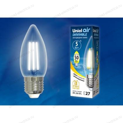 LED-C35-5W/WW/E27/CL/DIM GLA01TR Лампа светодиодная диммируемая. Форма "свеча", прозрачная. Серия Air. Теплый белый свет (3000K). Картон. ТМ Uniel