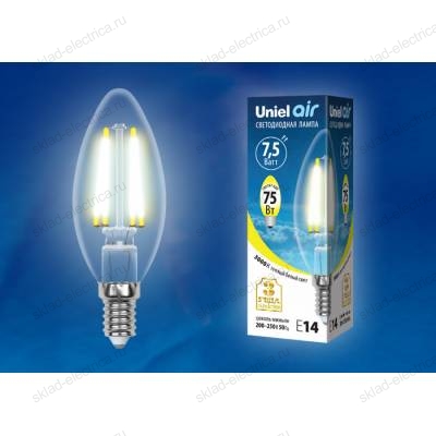 LED-C35-7,5W/WW/E14/CL GLA01TR Лампа светодиодная. Форма "свеча", прозрачная. Серия Air. Теплый белый свет (3000K). Картон. ТМ Uniel
