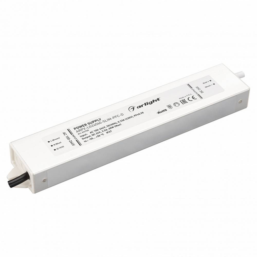 Блок питания ARPV-LG24060-SLIM-PFC-D (24V, 2.5A, 60W) (Arlight, IP67 Металл, 5 лет)