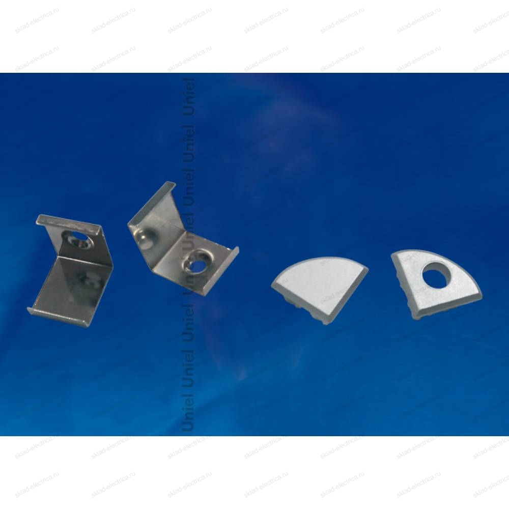 UFE-N06 SILVER A POLYBAG Набор аксессуаров для алюминиевого профиля. Крепежные скобы (4 шт., сталь) и заглушки (4 шт., пластик). Цвет серебро. ТМ Uniel