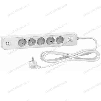 Удлинитель 5 розеток, кабель 3м Schneider Electric UNICA Extend, 2 USB, белый ST945U3W