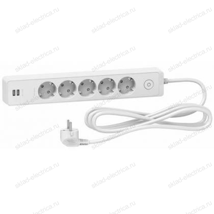 Удлинитель 5 розеток, кабель 3м Schneider Electric UNICA Extend, 2 USB, белый ST945U3W