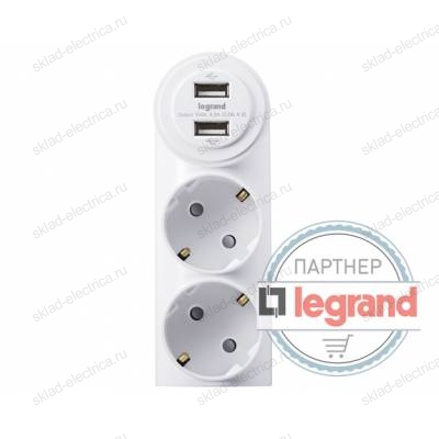Зарядка USB 2порта + 2 розетки Legrand Anam DC 5V 4000mA, 16A L855963U2